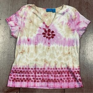Tee Co. Whimsical Flower Rainbow Tie Dyed Short Sleeve Tee, Nice thick Cotton  L
